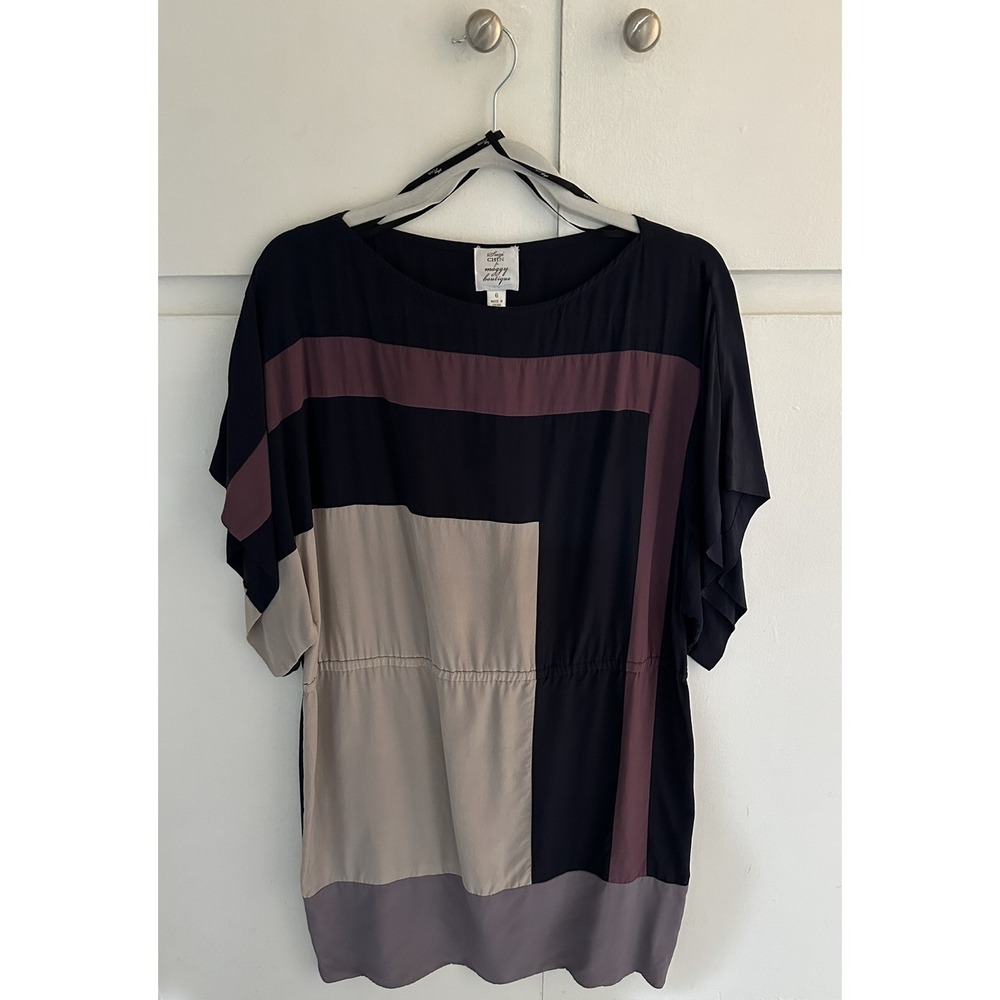 Suzi Chin for Maggy Boutique Silk Dress Size 6 Colorblock Navy Purple Mod Mini